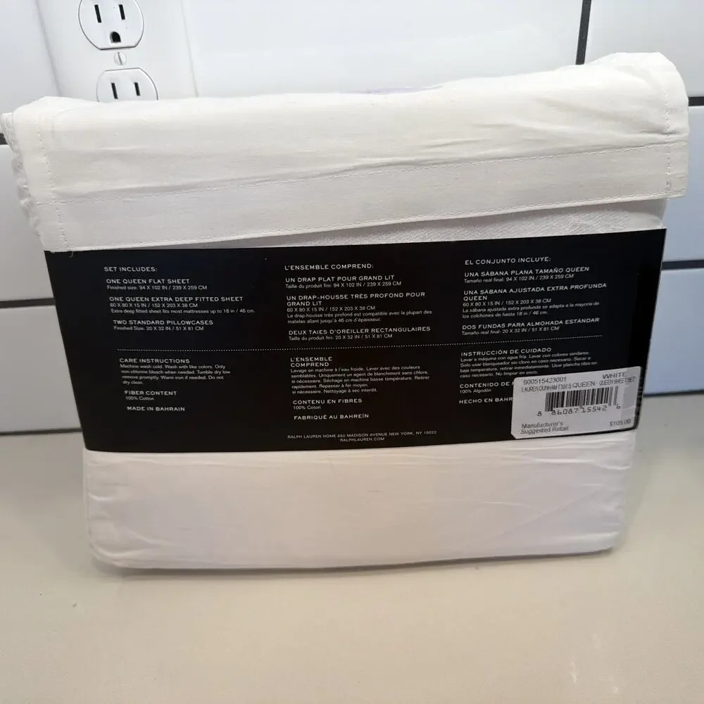 Lauren Ralph Lauren Dunham Sateen 4-Piece Sheet Set - White, Queen Size NEW!!!